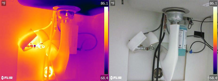 シンクの配管の赤外線画像と可視光画像